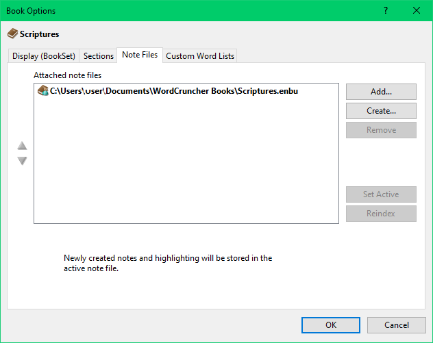 Example of the notes file tab in Book Options