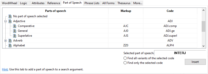 Part of Speech Tab in Search Window